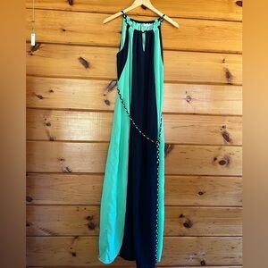 New York & Company Maxi Sleeveless Green & Navy Belted Lined Dress M